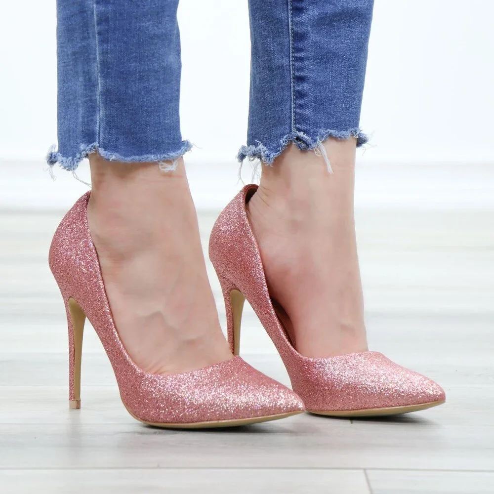 Pink Glitter Heels Pointed Toe Slip On Sparkly High Heel